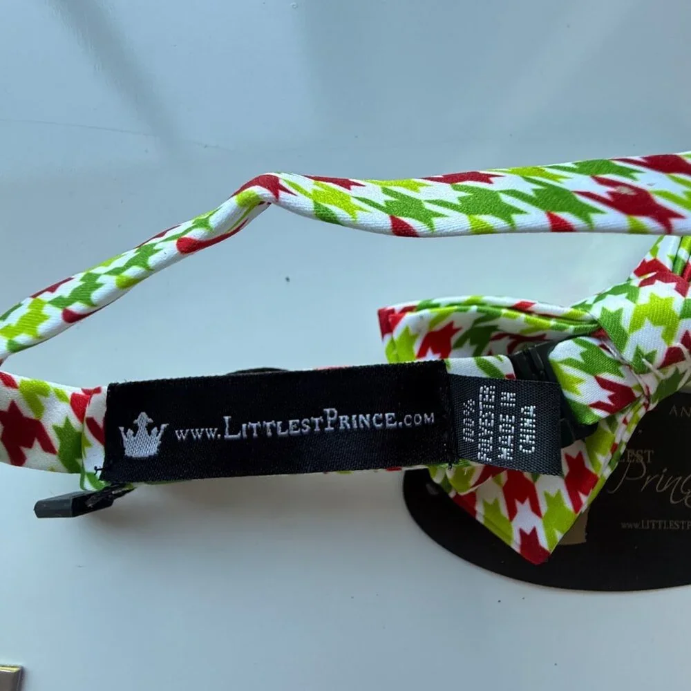 Littlest Prince Bow Tie Adjustable Holiday Houndstooth Red Green Polyester